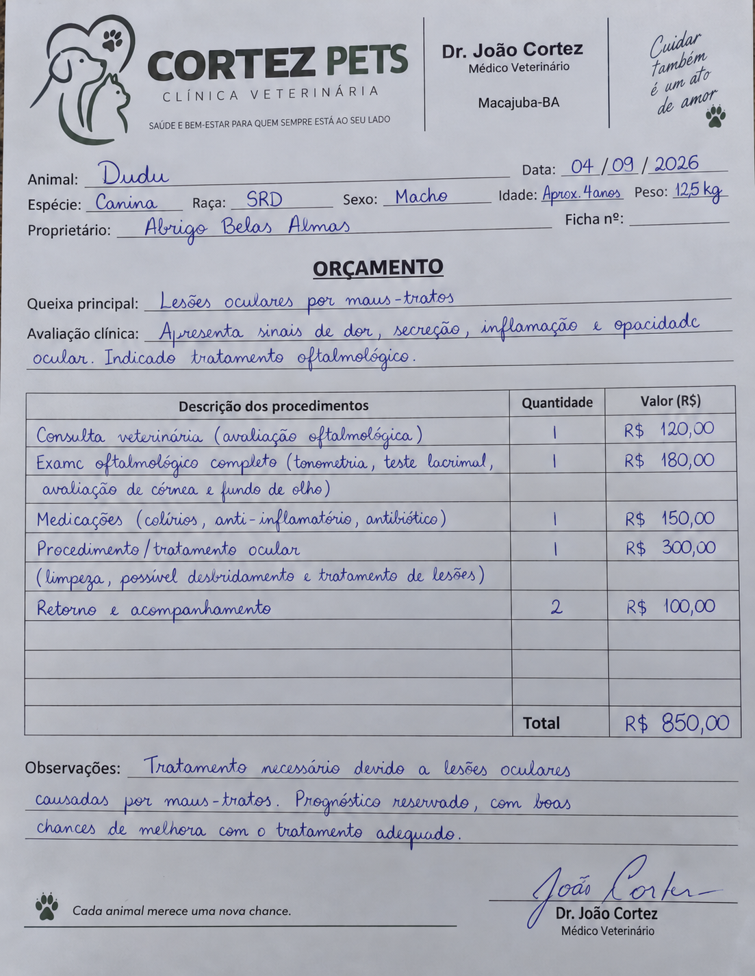 Orçamento veterinário do tratamento do Dudu, total de R$ 850